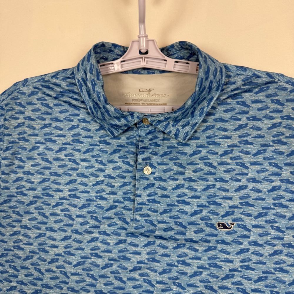Vineyard Vines Performance Blue Boat Print Polo Shirt Mens Large Short Sleeve